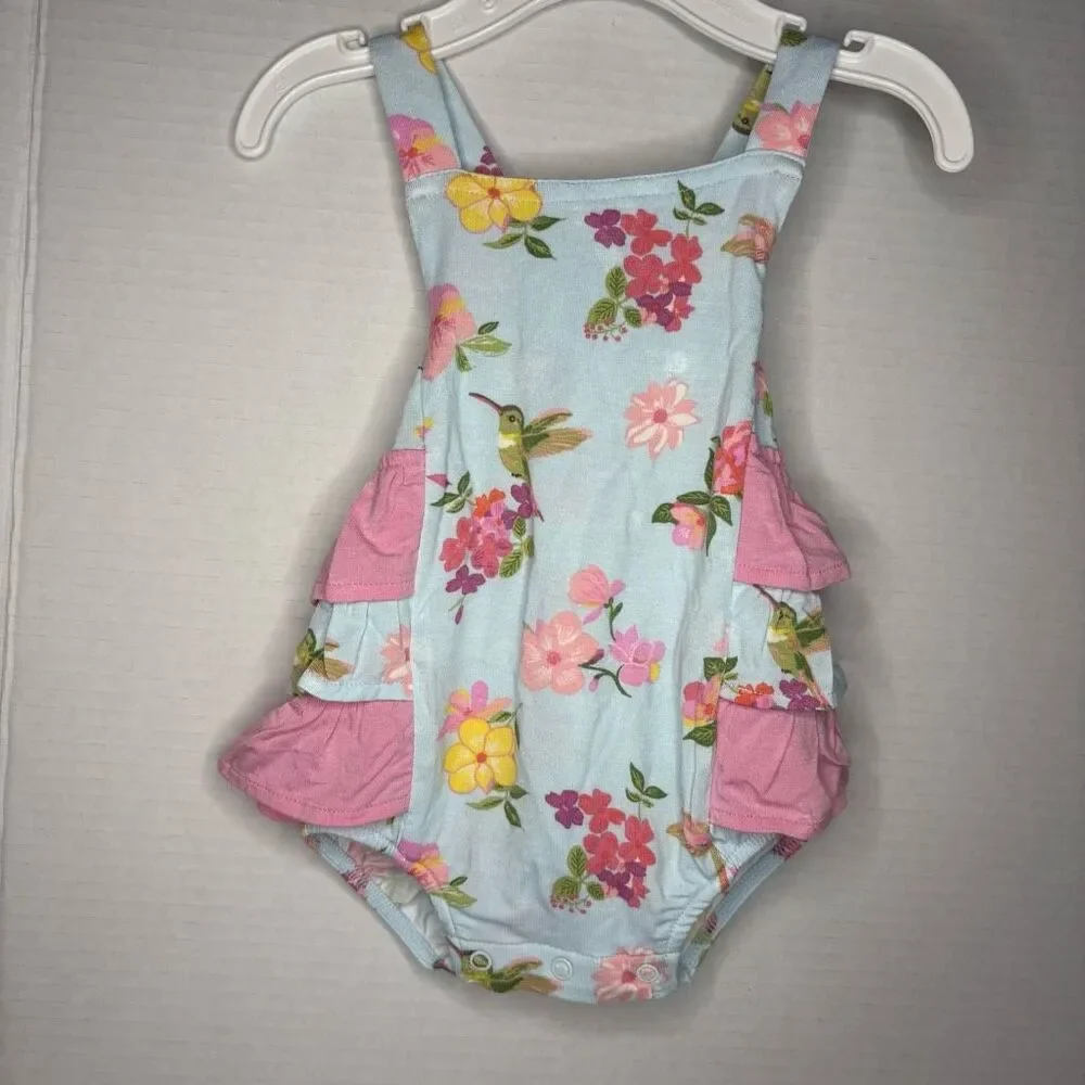Angel Dear Baby Girl Blue Pink Cute Hummingbirds Ruffle Sunsuit NWT 0-3M Bamboo
